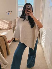 2026 Women's Fashion Oatmeal Knitted Loose Poncho Sweater, Suitable For Autumn/Winter, Long Asymmetrical Design With Slight Stretch, Comfortable And Versatile - Oatmeal Color - View 7