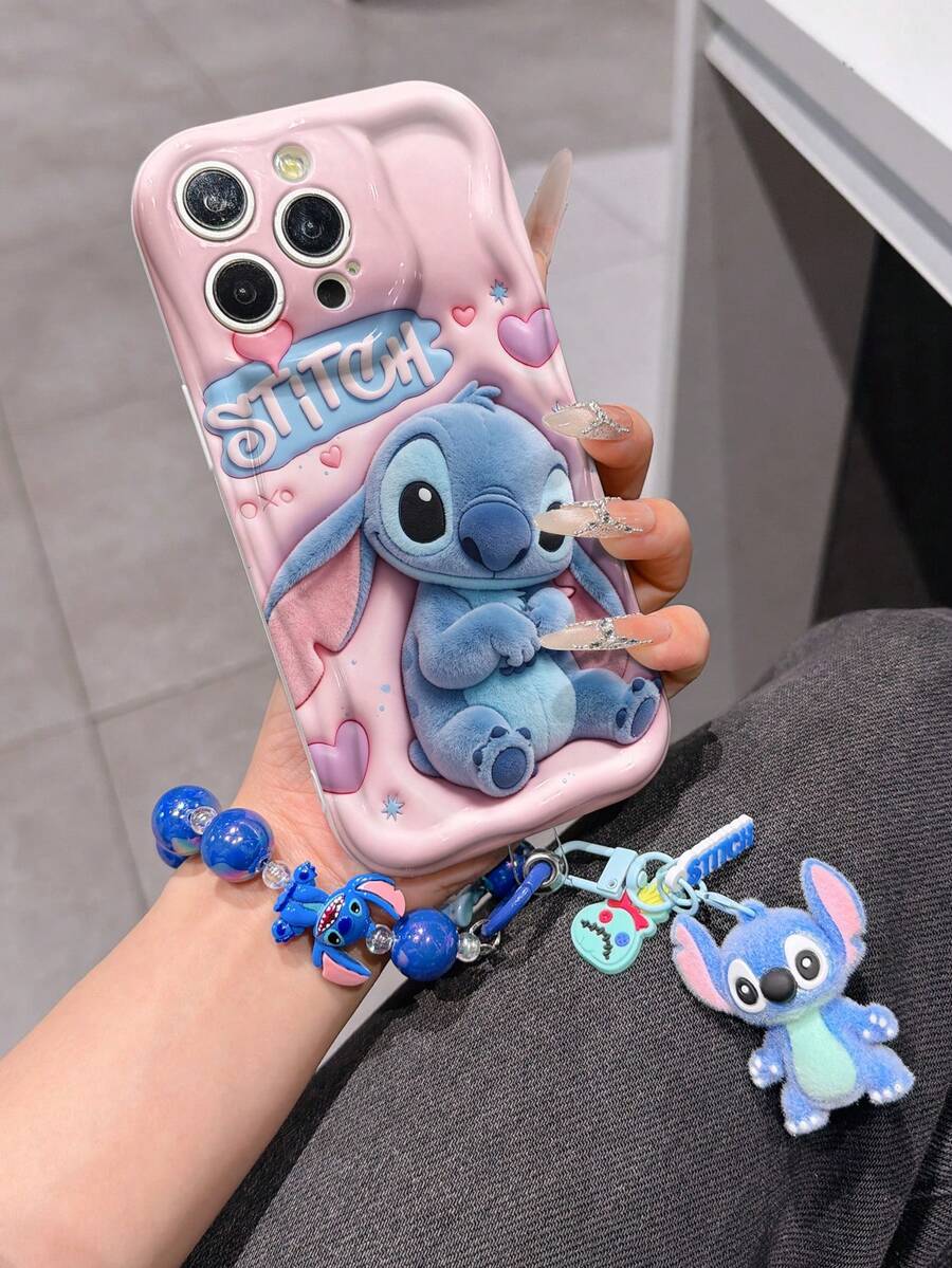 Disney Has Authorized, Phone Case - Chain Set, The Stitch Lilo & Stitch 3D Phone Case Plus A Silicone 3D Stitch Bracelet With Metallic Ring Removable Bracelet, Stitch And Angel Pattern, Compatible With Iphone17/16/15/14/13/12/11/XS/XR/X Plus Pro Max, A Stylish Cartoon Phone Case, The Perfect Gift Choice, Phone Protection, Durable Phone Cover, Great Gift For Friends And Family. - White - View 1