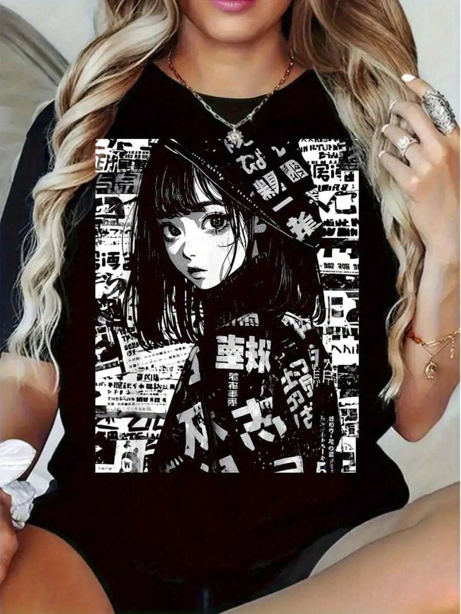 LXF2026Camiseta casual unisex, elegante camisa de mujer, camiseta holgada de manga corta con estampado de anime/manga - camiseta negra de manga corta con estampado de chica japonesa, top casual de verano, ropa casual de mujer, camisa casual de mujer, top casual, serie de camisetas. Adecuada para uso diario casual. La tela es ligera y transpirable. Excelente combinación para la vida universitaria de estilo vintage y atuendos cotidianos. Diseño lindo, cómoda y ajustada. Estilo clásico, tela suave y agradable al tacto. Estilo mexicano. XIAM - Negro - Ver 1