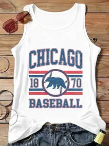 Women's Vintage Chicago Baseball Bear Print Sleeveless Round Neck Tank Top Casual Cotton T-Shirt - 白色 - 查看 1