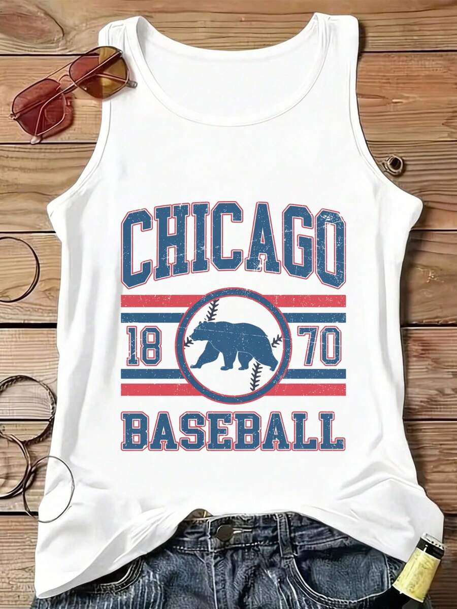 Women's Vintage Chicago Baseball Bear Print Sleeveless Round Neck Tank Top Casual Cotton T-Shirt - 白色 - 查看 1