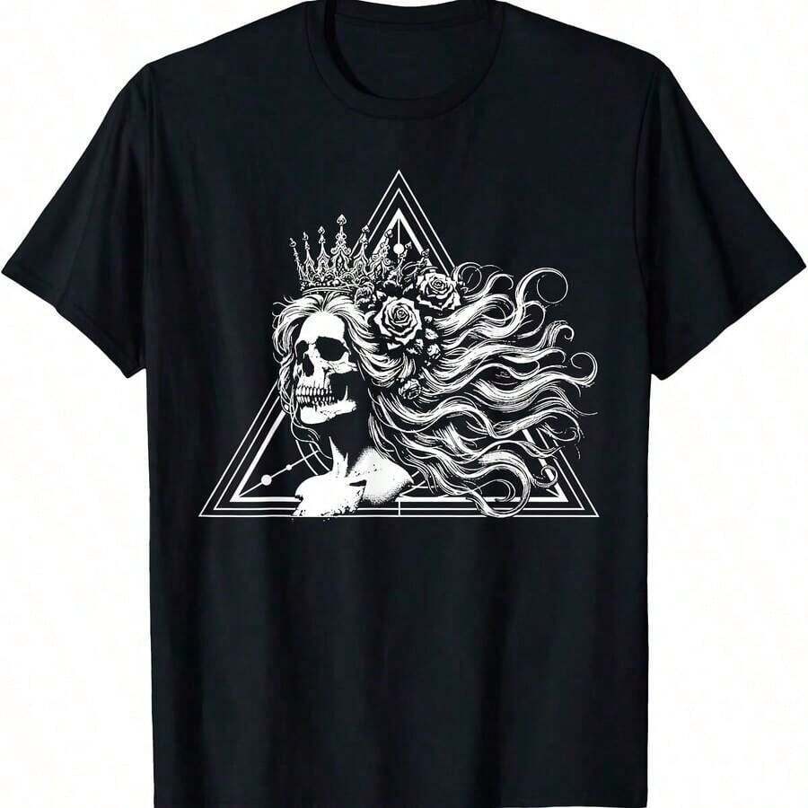 Skull T-Shirt With Roses And Sacred Geometry - Black - View 1