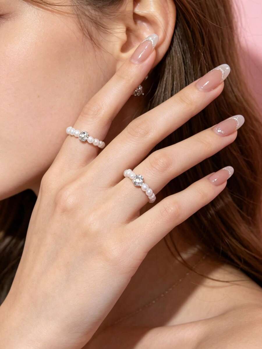 2 piezas Anillos elásticos de resina con perlas falsas y strass, juego de anillos de cuerda elástica con cuentas minimalistas, joyería versátil para mujeres - Blanco - Ver 1