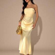 YijiaNvz  PETITE Vestido ajustado sin tirantes de unicolor amarillo crema con pliegues y espalda descubierta, adecuado para fiestas, cócteles, ocasiones formales, dama de honor, cumpleaños, vestido largo de satén amarillo, Navidad, banquetes, casual de negocios, vestidos de fiesta para mujeres, vestido de fiesta de Navidad - Marrón - Ver 2