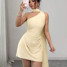 abyoxi Vestido mini ajustado con cuello asimétrico y cintura fruncida para mujer, elegante y de moda, adecuado para vacaciones, fiestas en la playa, bodas, festivales, graduaciones, fiestas, etc. Falda ajustado elástica para primavera y verano DG - Rosa - Ver 4