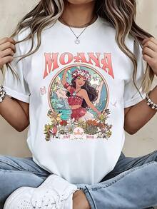 Disney Moana  T Shirt Black Moana Character And Floral Design With Text Est 2016 Summer Casual Wear - White - View 1