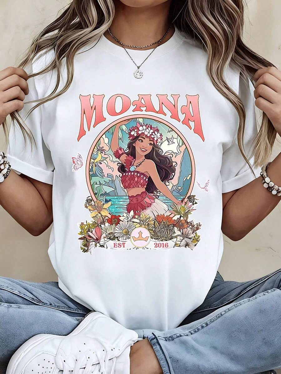Disney Moana  T Shirt Black Moana Character And Floral Design With Text Est 2016 Summer Casual Wear - White - View 1