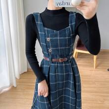 2424Vestido  de Lana a Cuadros para Mujer, Estilo Vintage de Otoño Invierno con Tirantes, Falda Midi de Cintura Alta con Cort... - Base caqui + albaricoque - Ver 3