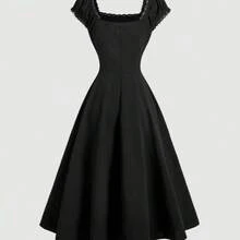 MOD Vestido midi de mujer con cuello cuadrado de encaje de contraste, mangas de concha bordadas, color azul marino AG - Burdeos - Ver 3