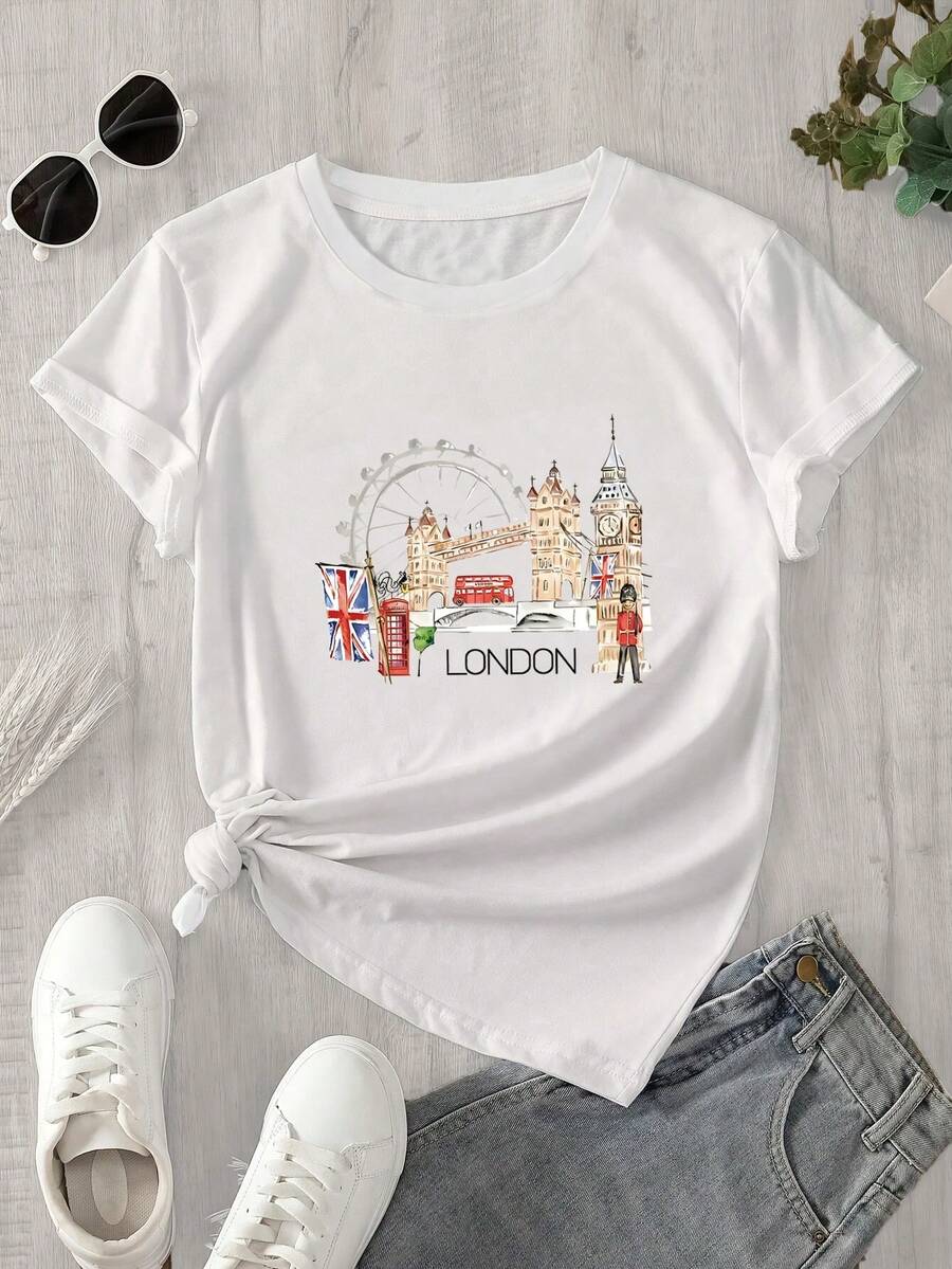 Camiseta de manga corta con cuello redondo para mujer, con estampado de antena Rondon colorido y con efecto desteñido, apta para todas las estaciones. - Blanco - Ver 1