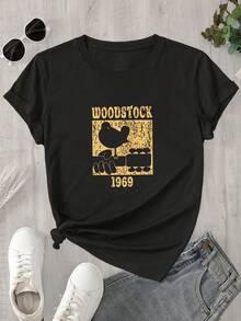Camiseta de manga corta con cuello redondo para mujer con estampado de osito de peluche, apta para todas las estaciones. - Negro - Ver 1