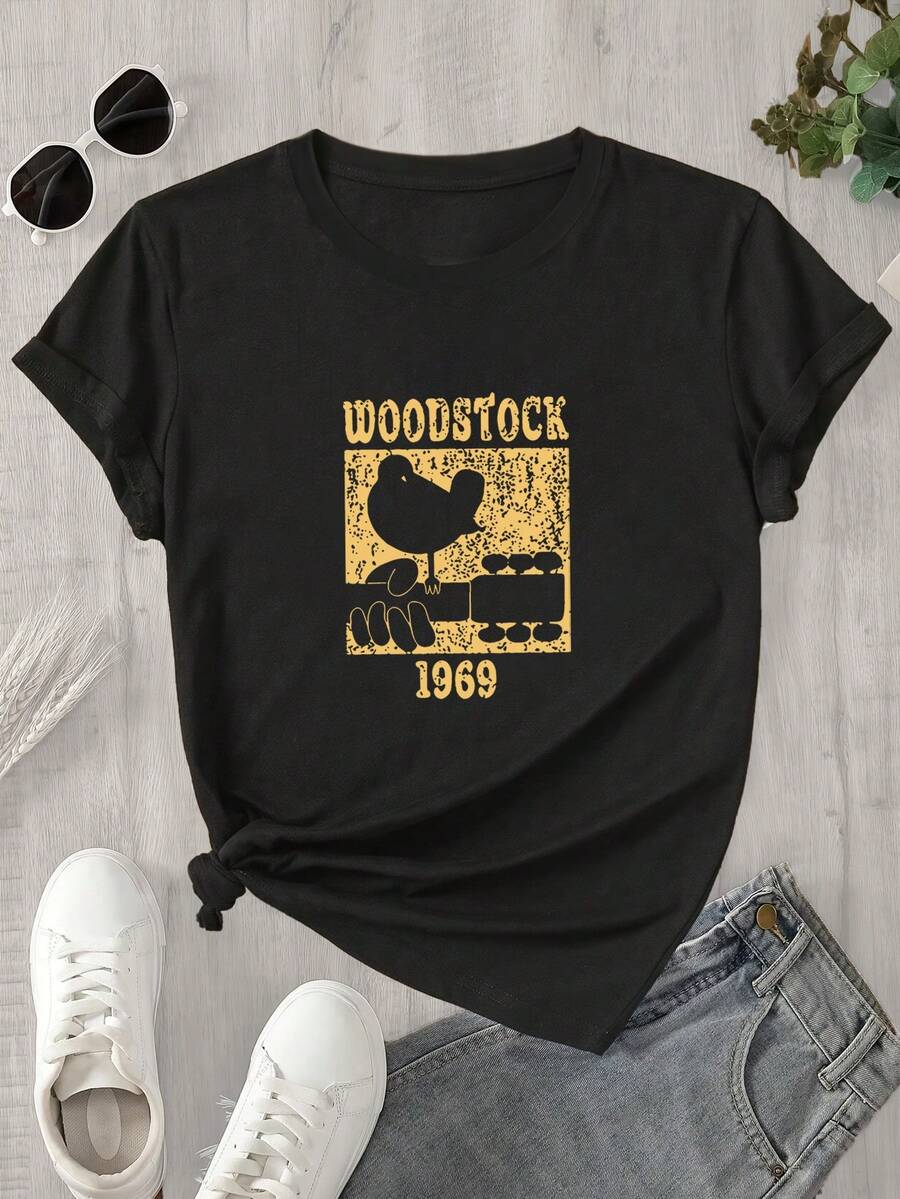 Camiseta de manga corta con cuello redondo para mujer con estampado de osito de peluche, apta para todas las estaciones. - Negro - Ver 1