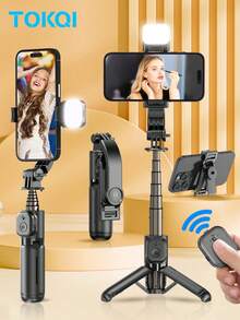 Trípode Mini Selfie Stick 3 en 1 con Luz de Relleno y Control Remoto Inalámbrico - Tamaño de Bolsillo, Soporte de Teléfono Extensible, Adecuado para Vlog/Transmisión en Vivo, Universal para Smartphones iOS y Android - Negro - Ver 2