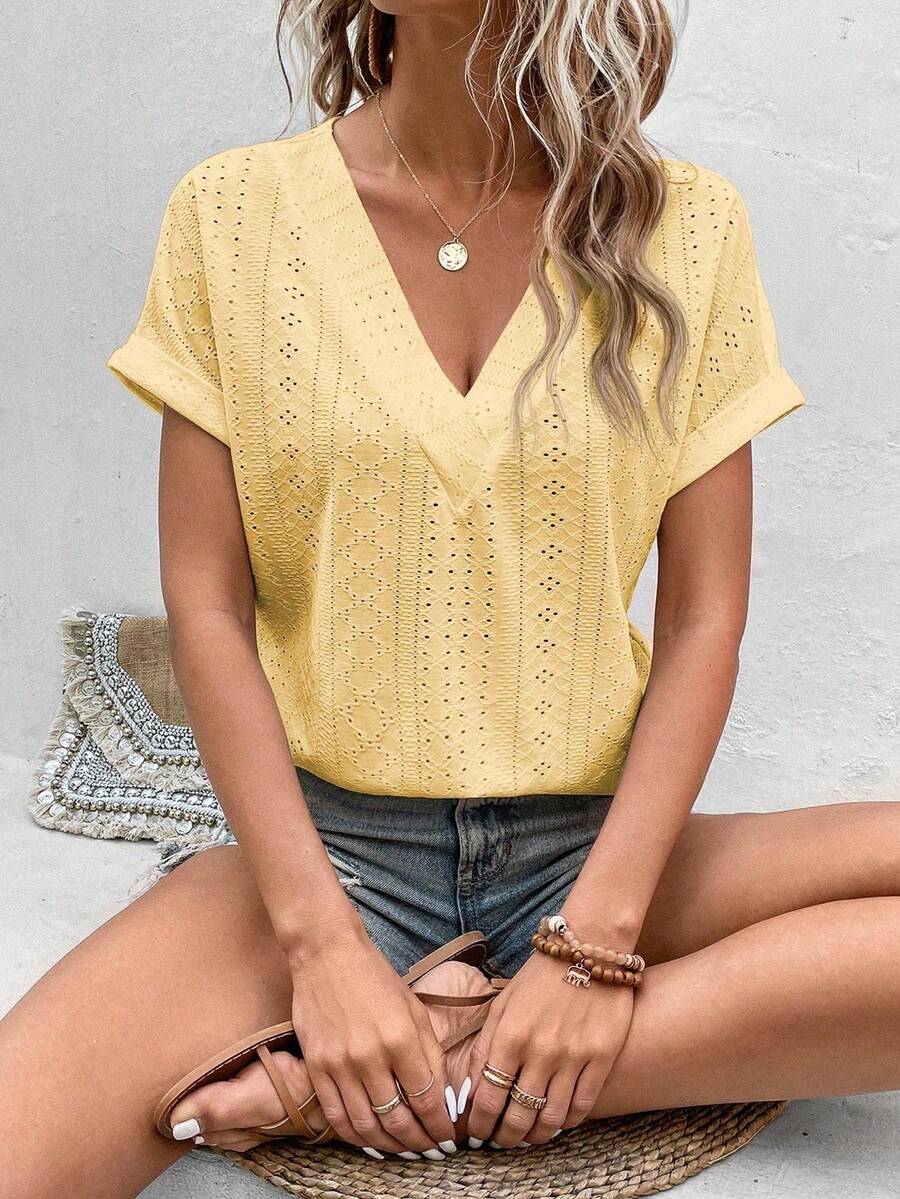 Camiseta casual y versátil para primavera/verano con cuello en V, puños acampanados y estampado degradado en forma de corazón - Amarillo - Ver 1