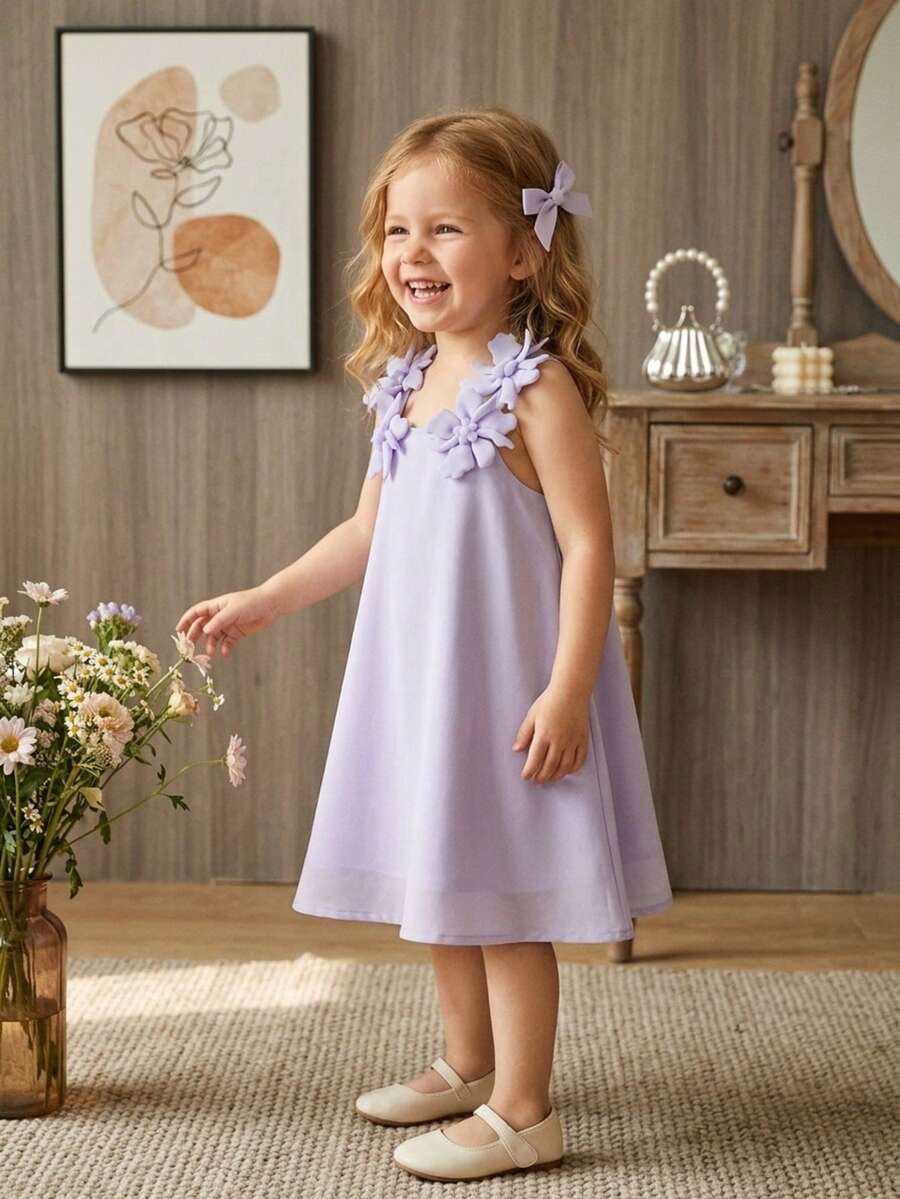 Summer Cute Woven Solid Color Camisole Dress For Girls - Purple - View 1