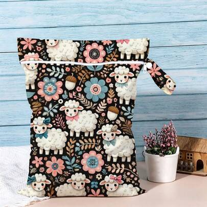 Túi đựng đồ ướt khô in họa tiết cừu & hoa dễ thương, túi lưu trữ khóa kéo bằng polyester (40*30cm) cho đồ bơi, dụng cụ bơi lội, tã giấy & du lịch
