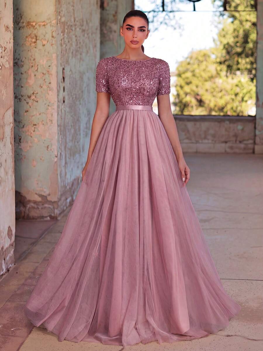 Faeriesty Women's Elegant Formal Evening Dress, Sparkling Sequin Decor Bodycon Bodice, Summer Holiday Outfit Spring Fall Wedding Party