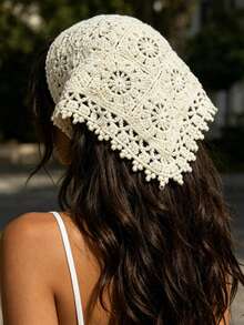 1pc Fashionable Sweet Cute Bandana Beige Hollow Knit Cherry Print Triangular Scarf Summer Hair Accessories Beach Hair Band Vacation Headband - Multicolor - View 12