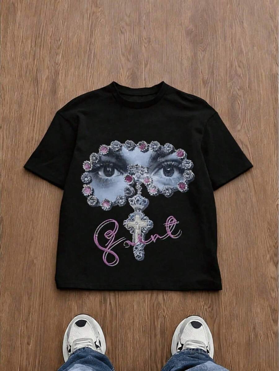Minimalist. 100% Cotton. 1 Pack. Men's Pure Cotton Vintage Y2K Loose Fit Graphic Print T-Shirt, Y2K Style, Gem-Embellished Eye Cross Motif, All-Season Casual Wear, Unisex Streetwear Tee. Spring/Summer Top. - 黑色 - 查看 1