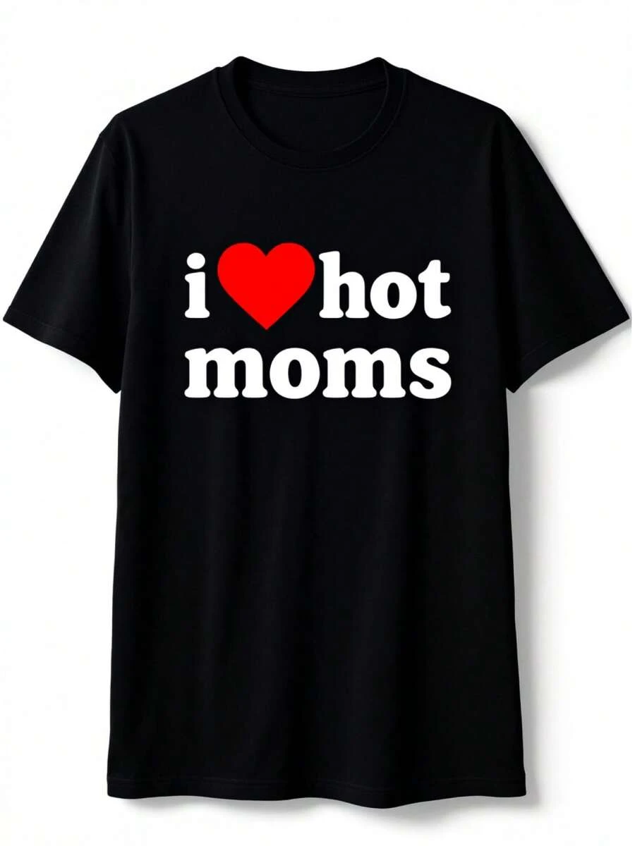 Anuncio patrocinado - Camiseta divertida de cuello redondo "I Heart Hot Moms" con estampado elegante, ropa de viaje casual y cómoda para entusiastas de la moda, ideal para verano, primavera, otoño y uso diario - Negro - Ver 1