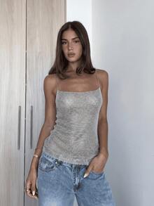 Spring/Summer Women's Vacation Commute Casual Versatile Semi-Sheer Fitted Hollow Out Layering Camisole Knit Top Silver Sweater - Silver - View 4