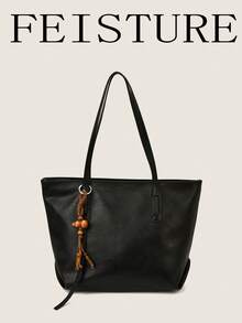 1pc Vintage Large Capacity Commuter Tote Bag, Zipper Closure, Pendant Decoration, Suitable For Daily Outing, Dating, Commuting - Black - View 4