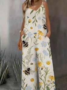 Bee & Floral Print Jumpsuit: Spaghetti Strap V Neck Wide Leg Romper With Cute Garden Motif For Summer Holidays And Casual Outfits For Women. - FSZW32376 - 查看 3