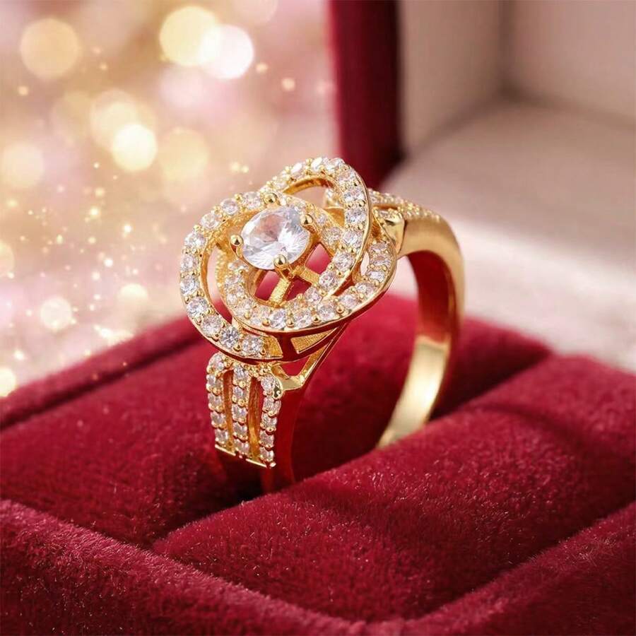 1pc Delicate Floral Line Design Cubic Zirconia Inlaid Women Ring - Multicolor - View 1