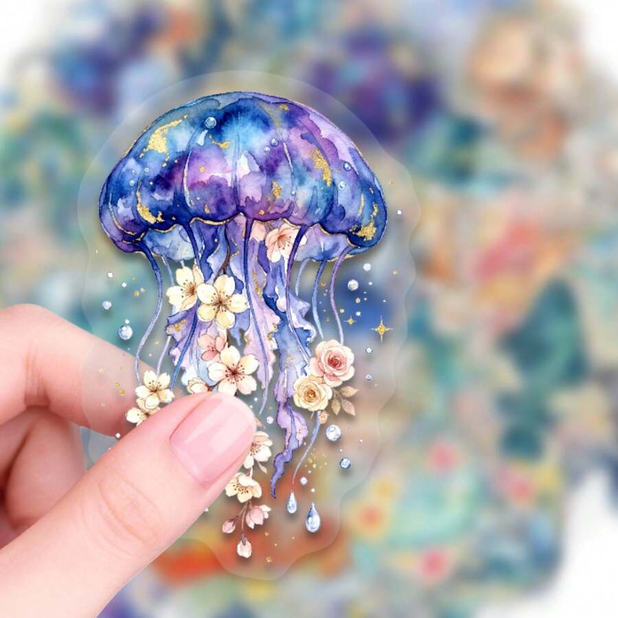 50 pièces Autocollants de vie marine et florale à l'aquarelle, motifs de méduses et de poissons, autocollants transparents en PET amovibles sans résidus, convenant pour coque de téléphone, tablette, réfrigérateur, skateboard et trottinette électrique, cadeau de rentrée scolaire - Multicolore - Voir 1