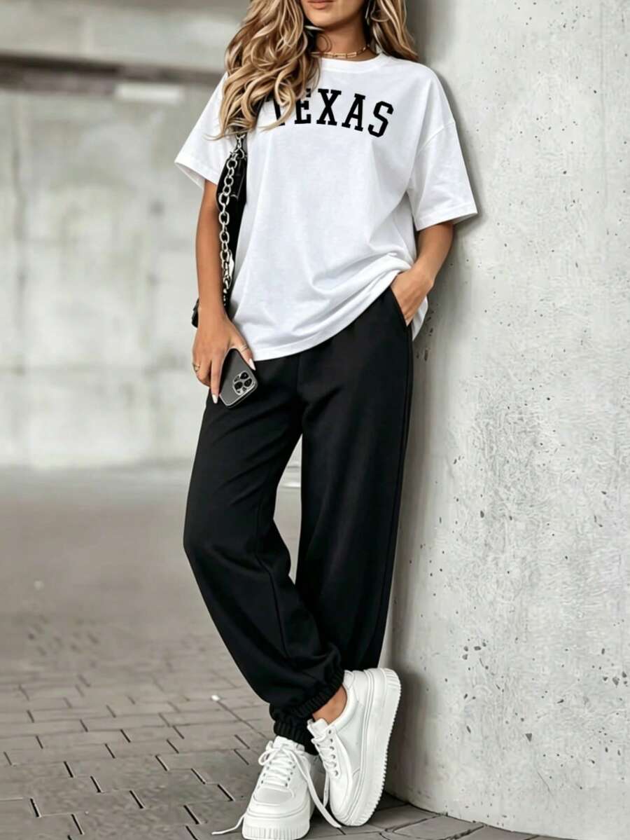 UCJPT Conjunto de mujer de camiseta de manga corta y pantalón largo Deporte Ocio Diario Camiseta oversize blanca con estampado TEXAS y pantalones deportivos negros - Blanco - Ver 1