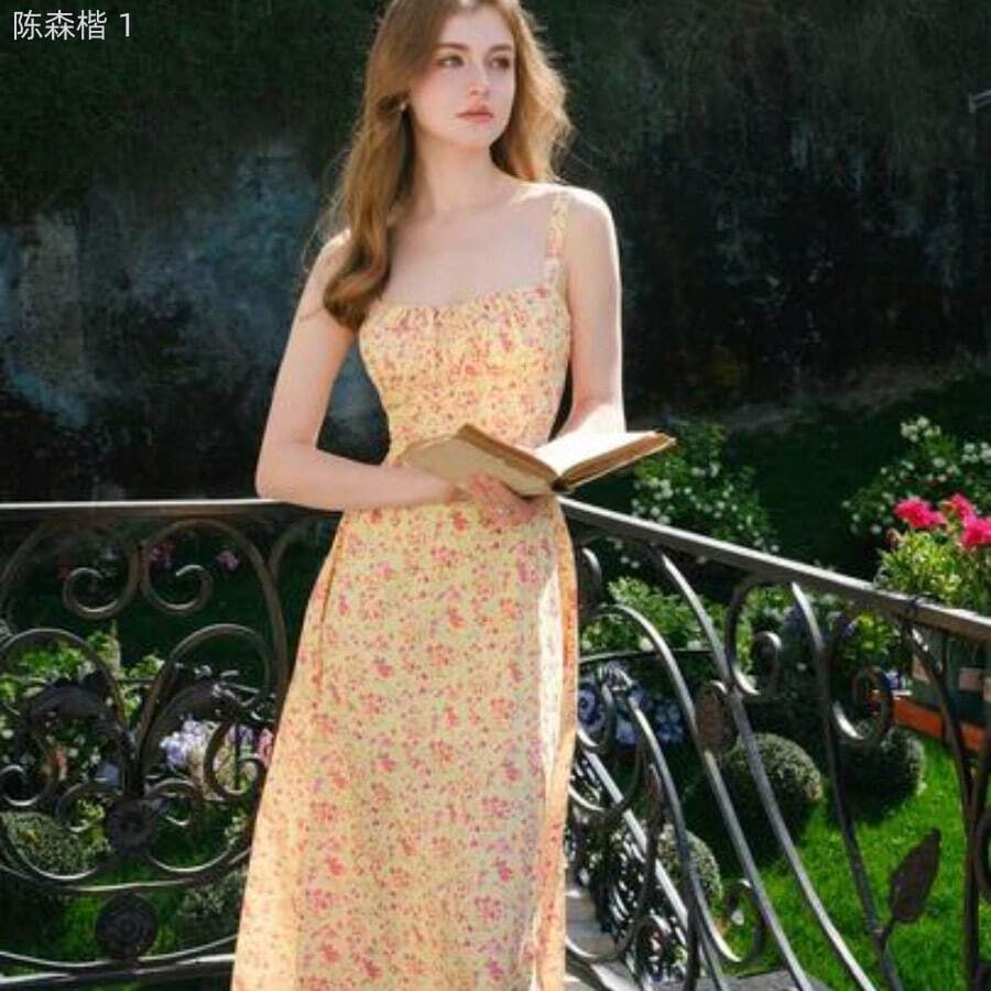 jianchaimaoyi02 Vestido casual de verano elegante con estampado floral diminuto y tirantes sencillos para mujer - Amarillo - Ver 1