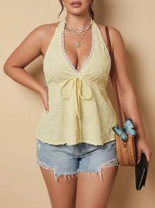 Whisplicity Plus Size Women Summer Vacation Contrast Lace Textured Front Tie Halter Top Casual - Yellow - View 1
