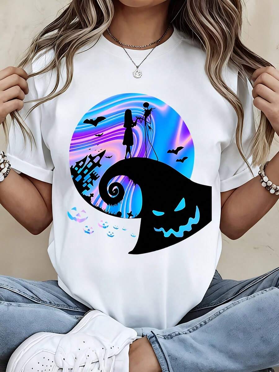 Disney Women Short Sleeve T Shirt Black Nightmare Before Christmas Jack Skellington Pumpkin Moon Halloween Party Costume Casual Wear - White - View 1