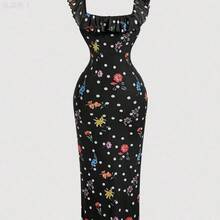 jianchaimaoyi02  MOD Vestido ajustado con estampado floral romántico y volantes en talla grande, elegante para vacaciones y fiestas al aire libre - Multicolor - Ver 5