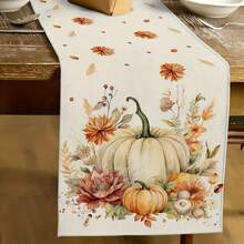 1pc Fall Watercolor Pumpkin & Floral Print Table Runner, Rustic Farmhouse Style Table Runner, Machine Washable Dining Table Scarf For Autumn Harvest, Thanksgiving, Everyday Home Decor - Multicolor - View 2