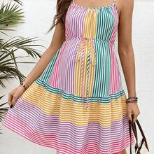 WNSS  Vestido corto casual de maternidad con tirantes finos y diseño de rayas multicolor para mujeres embarazadas - Multicolor - Ver 11