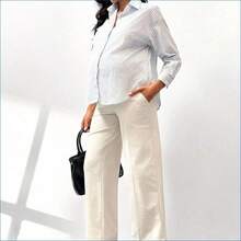 HENG
  Pantalones casuales sueltos de pierna ancha con bolsillo y cintura ajustable de unicolor para maternidad - Albaricoque - Ver 7