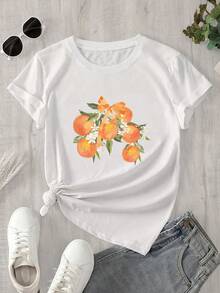 Top de mujer de manga corta y cuello redondo con fondo naranja y estampado floral, apto para todas las estaciones. - Blanco - Ver 1