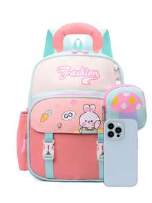 Mochila estilo universitario nueva, ligera y cómoda, con diseño de conejito lindo, bolso de hombro para estudiantes, simple y versátil, mochila para el campus - Verde - Ver 3