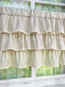 1PC New Beige Linen Sheer 3-Layer Pleated Curtain With Lace Trim, Kitchen Multi-Purpose Translucent Window Curtain, Decorative Curtain Rod Pocket Design, Small Window Curtain, Kitchen Cafe Curtain, Fresh Style Finished Rod-Pocket Short Curtain, Dark Green Lace - Beige - View 7