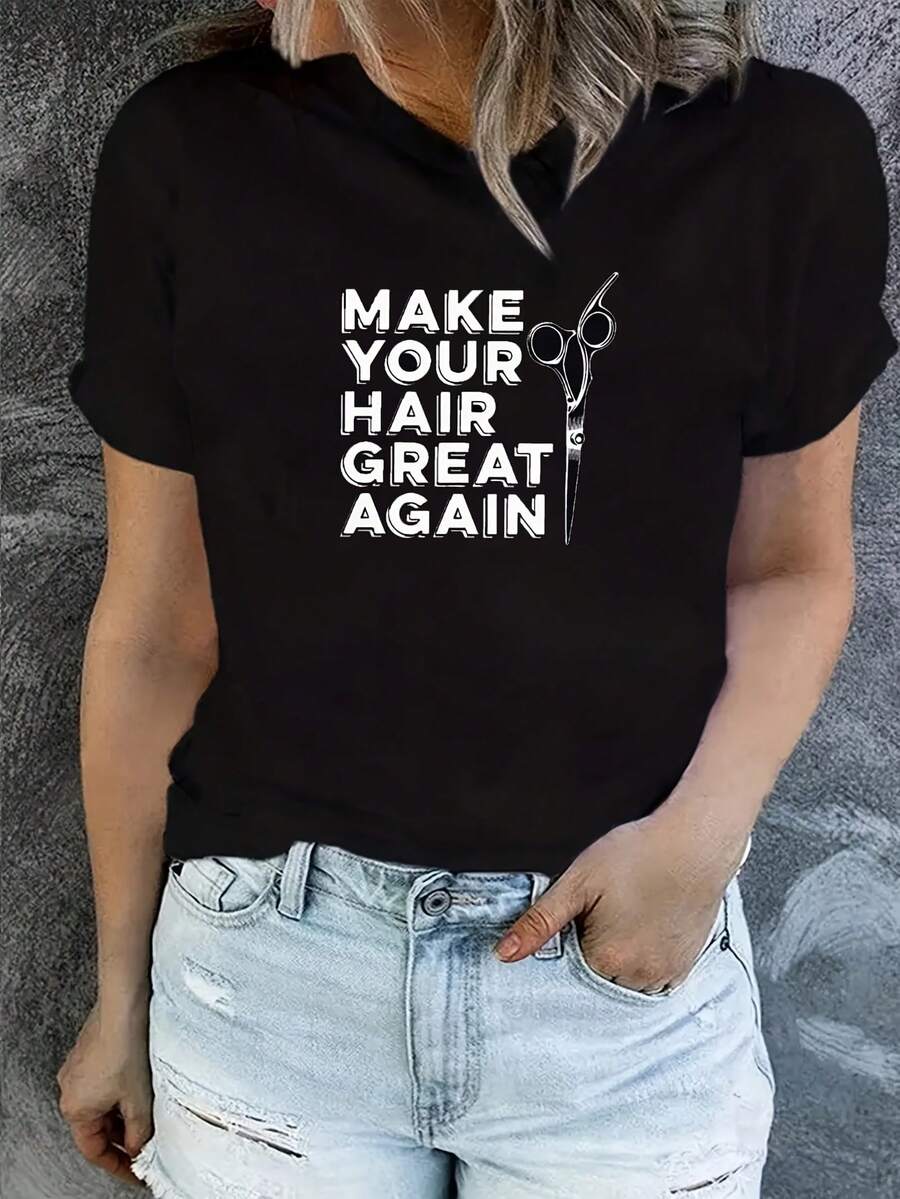 Creative Women's T-Shirt With Barber Scissors Print - 黑色 - 查看 1