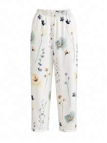 Pantalones de cintura con cordón estampado floral para mujer talla grande, casuales blancos para vacaciones - Blanco - Ver 2