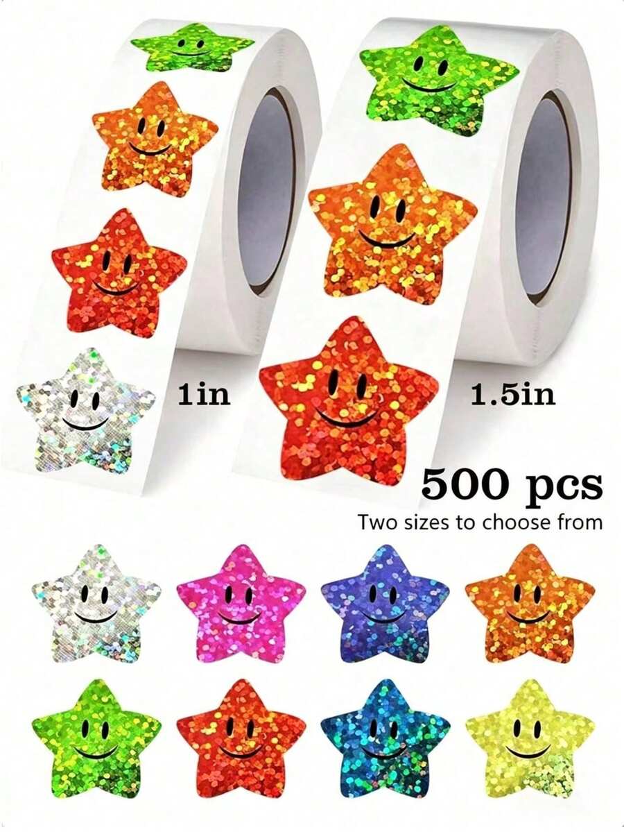 500張/捲亮面鋁箔星星貼紙,8色塗鴉貼紙,適用教室教師獎勵表DIY裝飾,自黏貼紙 - 鐳射星星 - 查看 1