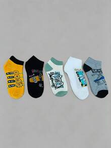 5 Pairs Men's Ankle Socks, Cartoon Graffiti Print Breathable Moisture-Wicking Odor-Resistant Casual Sports Socks, Versatile Street/Ins Style, Random Assortment - Multicolor - View 7