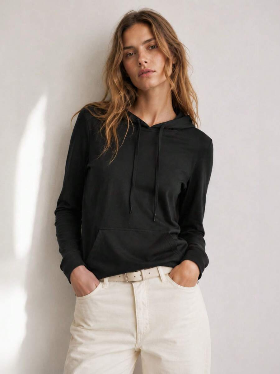 Women's Sweatshirt, Sweatshirt, Pullover, Hip-Length, Ribbed Cuffs And Hem, One Kangaroo Pocket, Loose Fit, Basic, Spring/Autumn - Black - View 1