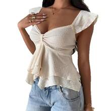 Blusa ajustada de color liso con cuello en V y volantes - Albaricoque - Ver 5
