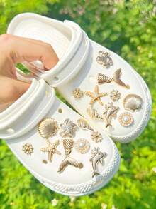 20件裝白色與金色海洋主題DIY鞋飾，花朵、貝殼、海星配件，可拆卸，適用於有孔鞋款，節日禮物 - 金色 - 查看 7