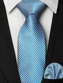 Men's Light Blue And White Honeycomb Polka Dot Jacquard Tie, Pocket Square, Silver Tie Clip, Cufflinks And Lapel Pin Combination Set, Suitable For Daily, Business, Wedding, Workplace, Graduation Season And Other Occasions, Perfect As Men's Birthday, Father's Day, Thanksgiving, Christmas Gifts - Light Blue - View 17