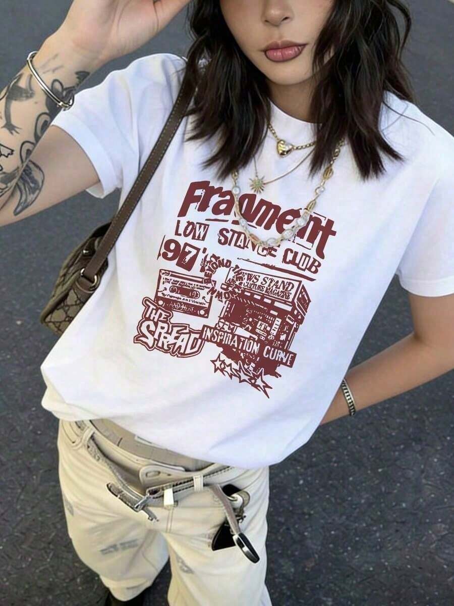 NewSummerCasualCamiseta de manga corta para mujer con estampado gráfico de estilo de collage de calle americana retro, de corte holgado y casual, para verano-Vintage Street Style Unisex Loose Cotton Short Sleeve Crew Neck T-Shirt - Blanco - Ver 1