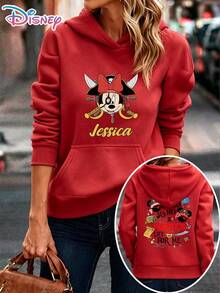 Disney Authorized Sweater, Mickey & Minnie Mouse Castle Theme Print Hoodie Women's Dress, Kangaroo Pocket. - Red - View 1